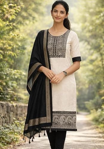 Indian Heritage King Queen Print Summer Jute Cotton Ethnic Wear Churidar Dress Material Set Suit with Dupatta & Pant (White and Black) 4