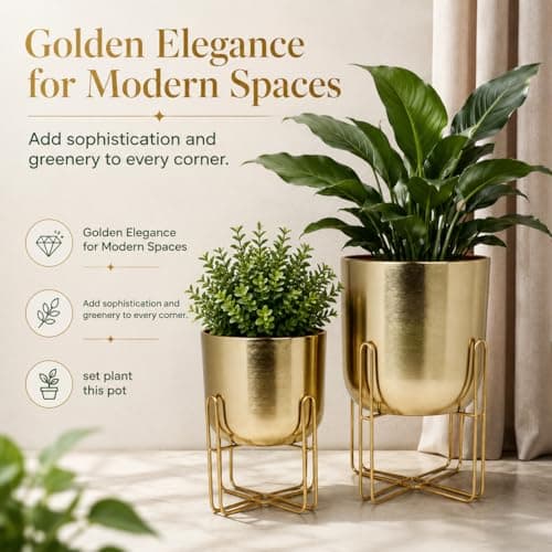 INDIAN DECORMART Golden Metal Planter with Stand | Elegant Metal Planters for Home Decor, Living Room, Garden & Balcony | Decorative Flower Pots & Plant Stands for Indoor and Outdoor Use (Set of 2) 2