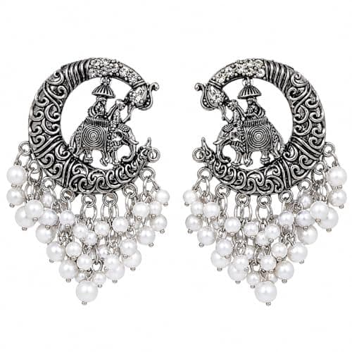Vintage Oxidised Silver Elephant Pearl Drop Earrings for Women & Girls | Boho Tribal Chandbali Earrings | Traditional Ethnic Statement Jewelry | Party, Festive