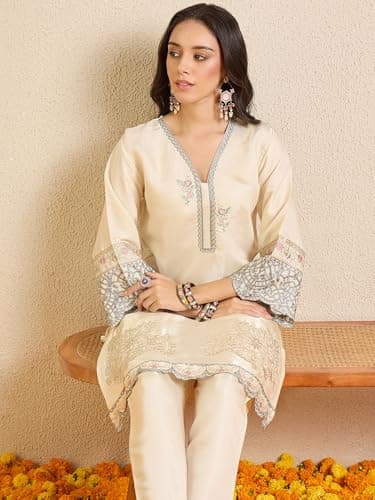 INDO ERA Women's Silk Blend Ethnic Motifs Embroidered Straight Knee Length Kurta & Palazzo Set (Cream_IESTR113_XX-Large) 2