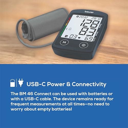 Beurer German Engineering BM 46 Connect Digital Blood Pressure Monitor with USB-C Port| Upper Arm BP Machine with XL Display I Bluetooth App Connectivity I Large Cuff I Memory space of 240 readings I  5