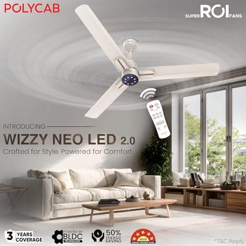 Polycab Wizzy Neo LED 2.0 1200mm BLDC Ceiling Fan with remote |BEE 5 Star Rated, Higher Air Delivery|LED Indicator,Reverse,Sleep and Breeze Mode,Free Installation |3 Years Warranty 【Beige Rosegold】 3