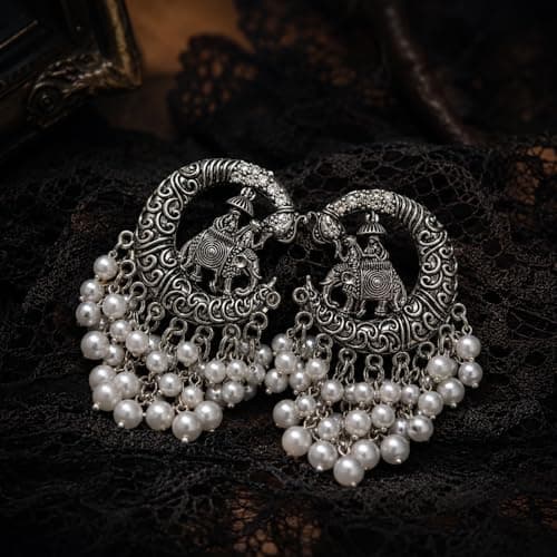 Vintage Oxidised Silver Elephant Pearl Drop Earrings for Women & Girls | Boho Tribal Chandbali Earrings | Traditional Ethnic Statement Jewelry | Party, Festive 4