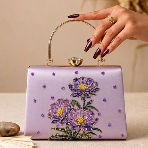 Artklim Lavender Floral Embroidered Clutches for Women | Wedding Clutches Stylish | Bridal Occasion Bag with Detachable Strap and Handle 2