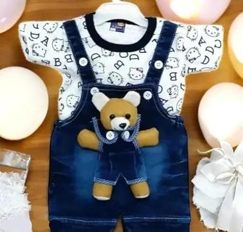 Nexora India Pvt Stylish Kids Denim Dungaree Dress with Alphabet Print T Shirt | Soft Cotton Blend Baby Outfit Cream-White 6-12 Months 4