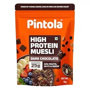 Pintola High Protein Muesli Dark Chocolate & Cranberry 1kg, 25g Protein, High Fibre, Trans Fat Free with Brown Sugar, Real Fruits, Muesli for Breakfast Food, Muselies Fruit Nuts and Seeds 1 kg