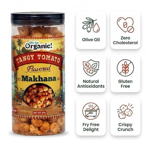Oh So Organic Tangy Tomato Makhana 87g | Olive Oil Roasted Fox Nuts | Tomato Flavoured Healthy Snack | Gluten Free Crunchy Makhana | Roasted Lotus Seeds Anytime Snack (Pack of 2) 2