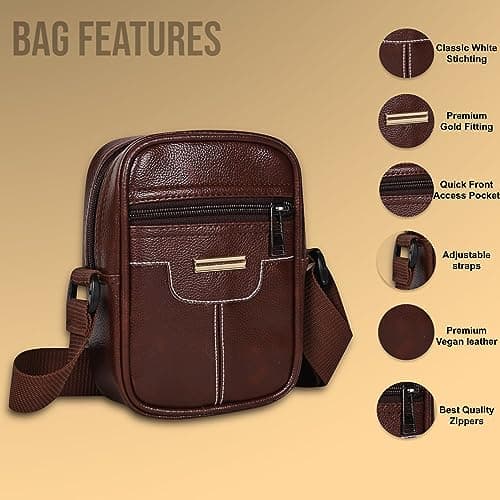 Pramadda Pure Luxury Elegant Milan SMALL Leather Sling Bag for Men Women | Classic Chest Slinger | Mobile Pocket Sling Bags for passport documents essential items| corporate gifts items. (Brown) 5