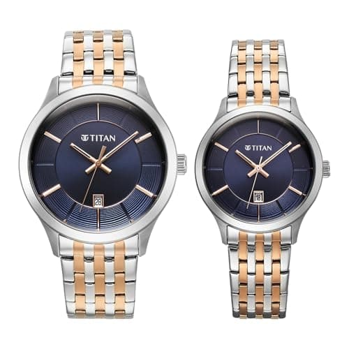 Titan Modern Bandhan Pair Analog with Blue Dial Dual-Tone Rose Gold Stainless Steel Strap Watch for Couples - 9401494214KM01