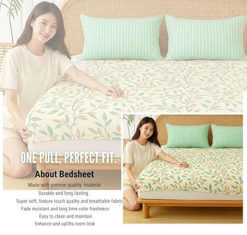 BSB HOME 100% Cotton Feel Bedsheets 200 to 220 tc for Double Bed King Size (90x100 Inch) with 2 Contras Pillow Covers | Soft & Breathable | Wrinkle-Free | Premium Printed Design - Pastle Green 3
