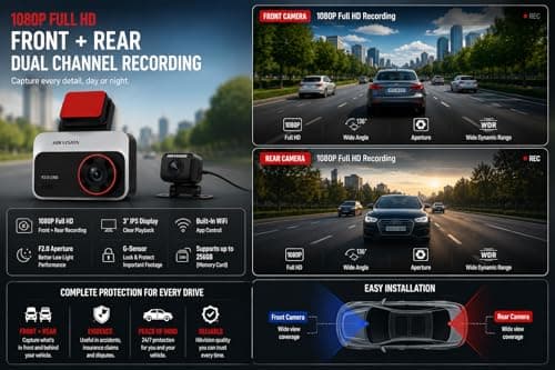 HIKVISION Dual Channel Dash Camera | 1080P Full HD | 3'' IPS Display | Night Vision F2.0 Aperture | G-Sensor | 128° Wide Angle | Mic & Speaker | Loop Recording |Built-in WiFi|Supports 256GB|C200S 3