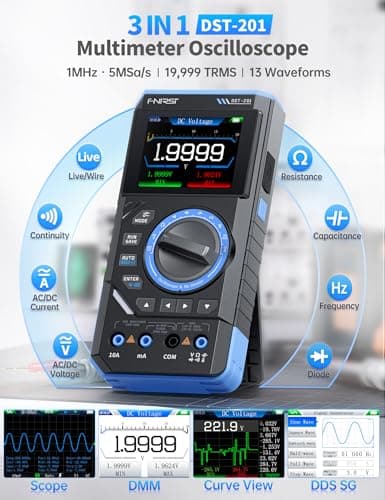 FNIRSI DST-201 3IN1 Digital Multimeter 19999 Counts TRMS, 1MHz Bandwidth Handheld Oscilloscope Multimeter DDS Generator, 5MSa/s Sample Rate, AC/DC Voltage Current Capacitor Resistor Diode By Skyking 2