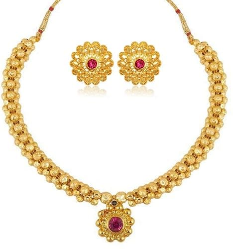 Lila Traditional Wedding Maharashtrian Kolhapuri Thushi Necklace Saaj Thushi Mangalsutra Pendant Locket Necklace Set Jewellery Set with Jhumki Earring Combo