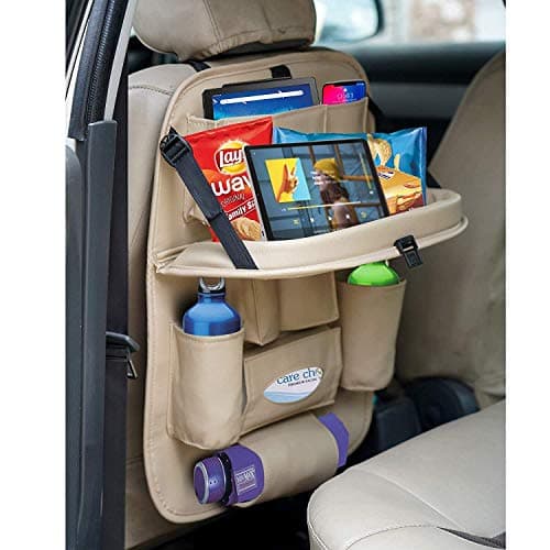 Tradesk Car Back Seat Organiser, Multi-Pocket Storage Bag with Cup Holders, Seat Protector for Kids and Pets, Backseat Accessory, Beige