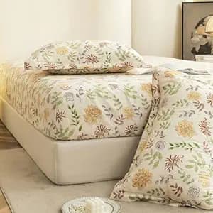 Story@Home Cloud Cotton Fitted BEDSHEET (72 X 78 Inch) 360 Elastic King Size with 2 Pillow Covers | Super Soft Bed Sheet for King Size Bed Floral Design (White, Yellow)