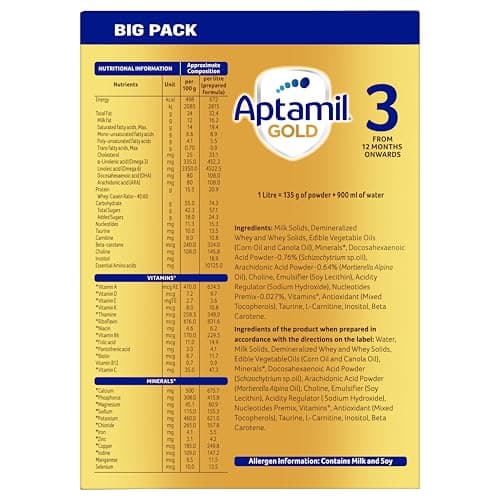 Aptamil Gold Infant Formula Milk Powder for Babies - Stage 3 (6-12 Months) - with Prebiotics and DHA - 1.2 kgs - Large Pack 4