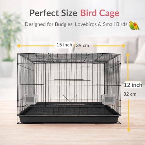 FinyPetz Bird Cage 15 Inch (Black) Small Bird Cage for Budgies Lovebirds Finches Parrots with Free Food Cup Water Cup Perch Stick Easy Clean Tray Metal Bird House Cage Portable Aviary Indoor Outdoor 4