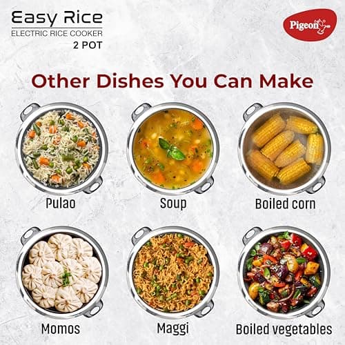 Pigeon Easy 3L Electric Rice Cooker with 2 Pots, Keep warm function, Steam basket, Spatula & Measuring cup (Grey) 4