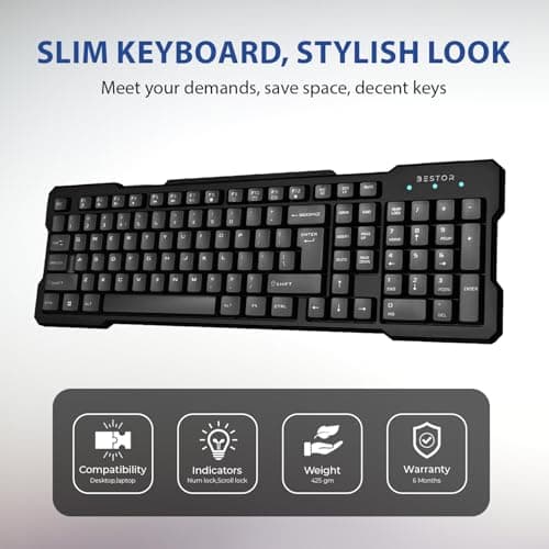 Bestor Set of 5 Combos of USB Wired Keyboard, Wired Mouse, Mouse Pad Base Waterproof, Type A to Type C OTG Adapter & 4 Port USB HUB for PC, Laptop, Computer 2