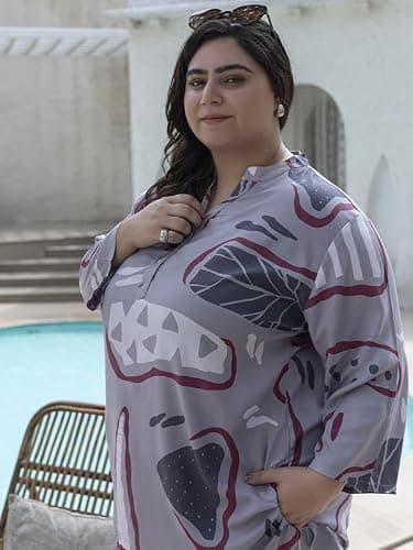 TITTLI Women's Plus Size Rayon Digital Printed Co-Ord Set | Tunic and Trouser |Mandrin Collar 3/4 Sleeve with Tunic |Two Pockets and Elascited Waistband with Trouser| 3XL to 8XL Smoke Grey 2