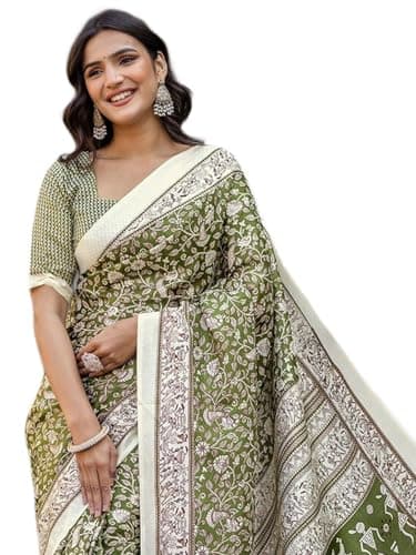 SIRIL Women's Khadi Printed Saree with Unstitched Blouse Piece (5212S736_Olive Green)