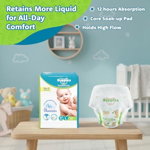 Amazon Brand - Supples Premium Diapers, Large (L), 27 Count, 9-14 Kg, 12 hrs Absorption Baby Diaper Pants 5
