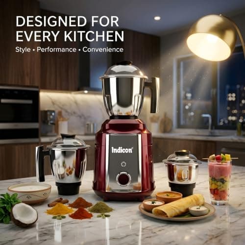 Indicon Turbo 1300W Copper Motor Mixer Grinder with 3 Stainless Steel Jar 3-Speed Control, Heavy Duty for Grinding, Blending & Juicing, Unbreakable ABS Body, Red 3
