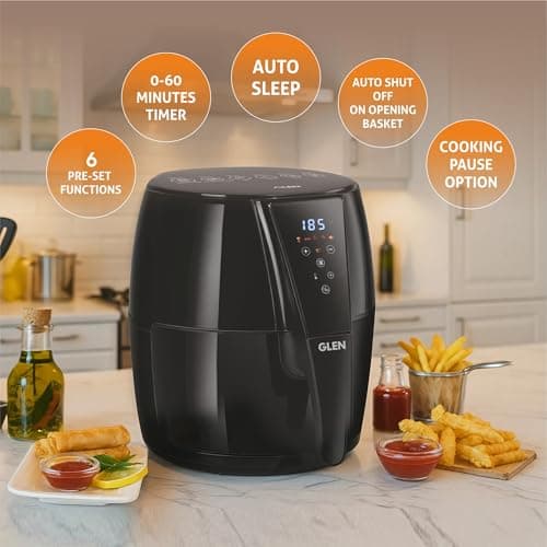 Glen Digital Air Fryer 5L, 1500W Large Airfryer with 6 Pre-Set Function, Non-Stick Basket, Auto Sleep & Shut Off, Timer & Temperature Control, Bake Fry Roast & Grill with Less Oil - Black (SA3041DIGI) 3