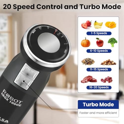 INALSA Hand Blender 1000 Watts with Chopper, Whisker| Variable Speed & Turbo Speed Function|100% Copper Motor|0.6Liter|Low Noise |Anti-Splash Technology|Home&kitchen|2 Year Warranty (Robot Inox 1000E) 3