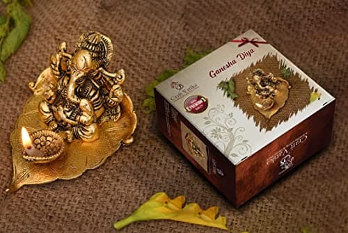 Collectible India Ganesh Diya Return Gift Metal Ganesha on Leaf Idol for Pooja | Wedding Corporate Gift Items for Home Decorative with Gift Box | Diya for Puja Pooja Gifting