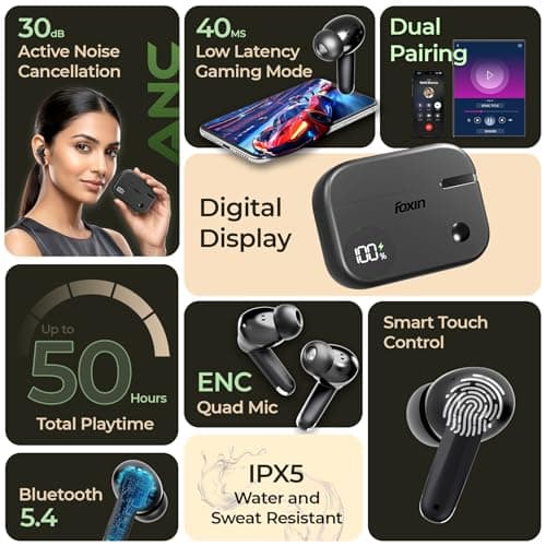 Foxin FoxBuds F1 ANC True Wireless Bluetooth Earbuds Upto 30dB ANC, 50Hrs Playtime, Dual Pairing, Quad Mic ENC, 13mm Bass Driver, 40ms Low Latency, Digital Display, Gaming Mode, BT 5.4 (Shadow Black) 4