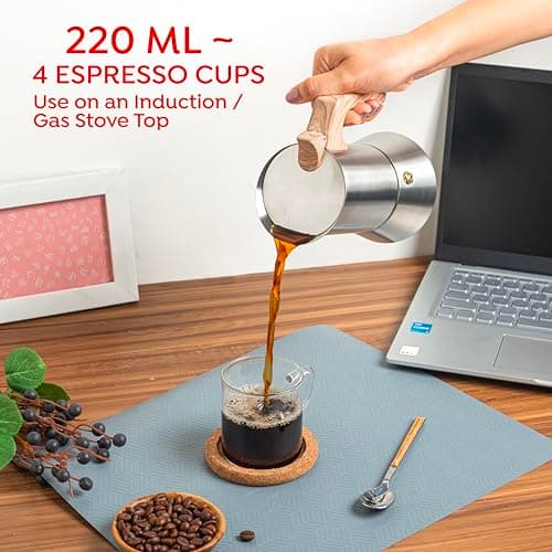 Sipologie Induction Moka Pot Espresso Maker, 220ml, Stovetop and Induction Heater Compatible, Premium 18/8 Stainless Steel, Wood Design Handle Coffee Percolator 2