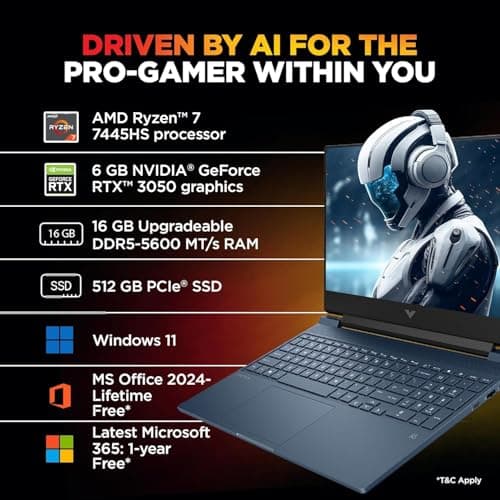 HP Smartchoice Victus, AMD Ryzen 7 7445HS, 6GB RTX 3050, 16GB DDR5(Upgradeable) 512GB SSD, 144Hz, 300 nits, 15.6''/39.6cm, Win 11, Office 24, Blue, 2.29kg, fb3134/20ax, Xbox Gamepass*, Gaming Laptop 5