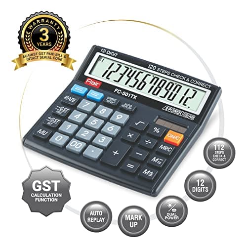 Flair FC-501 TX Desktop Series GST Calculator | 12 Digits Calculator | GST Calculation Function | Dual Power with Solar | 112 Steps Check & Correct | for College & Corporate Use| Black, Pack of 1 4