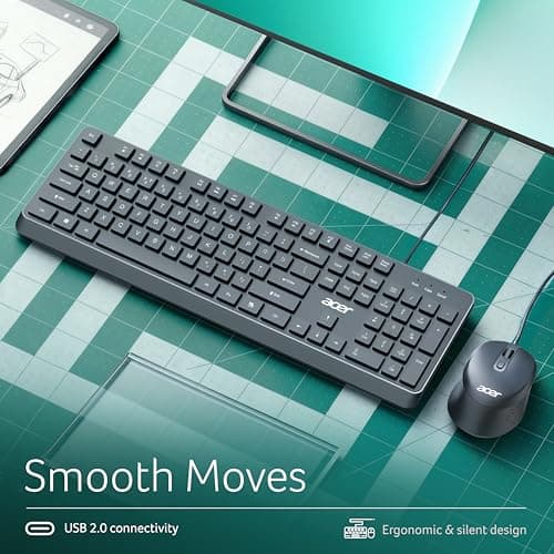 Acer OfficeMate Wired Keyboard Mouse Combo | Full Size 104 Keys Keyboard with Multimedia Keys | 1200 DPI Optical Mouse | USB Plug & Play | Silent Typing | Ergonomic Design | Windows Compatible I Black 6