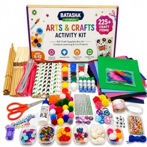 Batasha Staples Arts & Crafts Activity Kit for Kids Ages 5-12 Years – 225+ Pieces DIY Craft Supplies Box with Paints, Beads, Feathers, Stickers, Pipe Cleaners & Decorative Accessories, School Project 