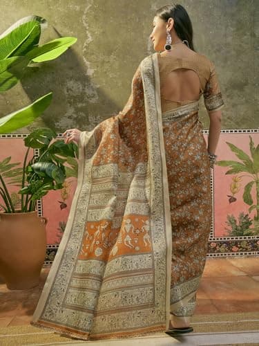 SIRIL Women's Cotton Printed Saree with Unstitched Blouse Piece (5203S642_Dark Mustard) 4