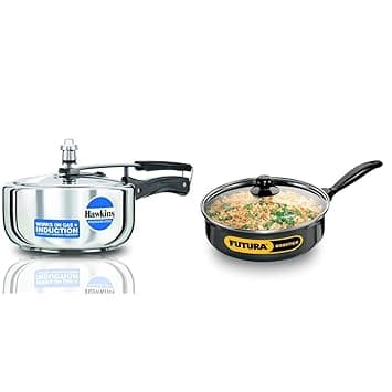 Hawkins 3 Litre Pressure Cooker, Stainless Steel Cooker, Wide Design Pan Cooker & 3.25 Litre Curry Pan, Non Stick Saute Pan with Glass Lid, Deep Pan for Frying