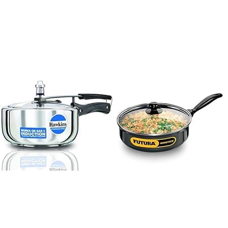 Hawkins 3 Litre Pressure Cooker, Stainless Steel Cooker, Wide Design Pan Cooker & 3.25 Litre Curry Pan, Non Stick Saute Pan with Glass Lid, Deep Pan for Frying