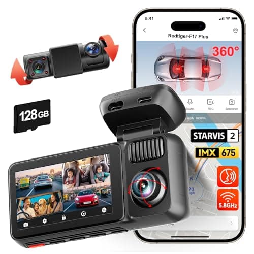 REDTIGER F17 Plus 4 Channel Dash Cam, 2.7K+3*1080P Car Camera, 360° View with Dual Rotatable Inside Lenses, STARVIS 2 IMX675, IR Night View, Free 128GB Card, 5GHz WiFi GPS, Voice Control, Touchscreen