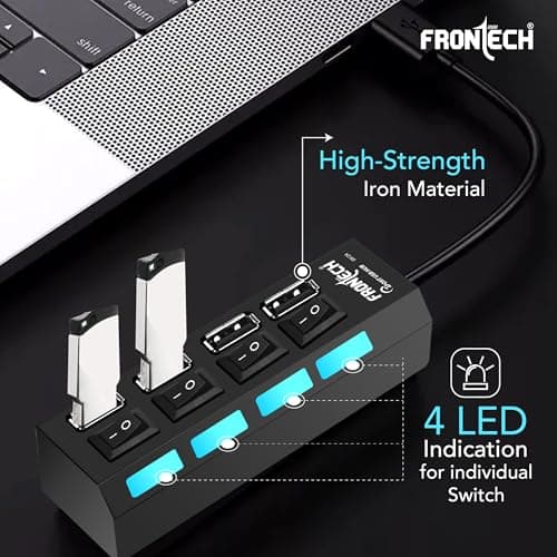 Frontech 4-Port USB Hub with Individual On/Off Switches, LED Indicators, 40 cm Cable, Optional Power Input Port, Plug-and-Play Multi-Device Connectivity, Backed with 1 Year Warranty 3