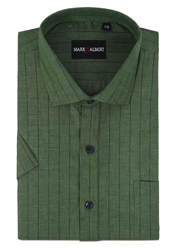 MARK & ALBERT Men's Half Sleeve Cotton Linen Striped Shirt