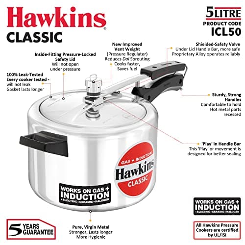 Hawkins Aluminium 5 Litre Classic Pressure Cooker, Induction Inner Lid Cooker, Pan Cooker, Best Cooker, Silver (Icl50) 3