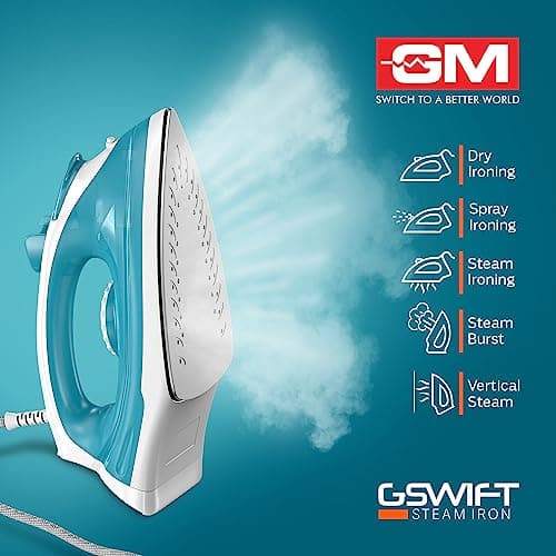 GM G-Swift Steam Iron 1250W with Dual Protection of Thermostat& Thermal FuseISelf CleaningI160ml Water Tank Vertical Steam Ironing|PTFE Non-Stick SoleplateIIndicator LightI360 Degree Swivel Cord- Blue 4