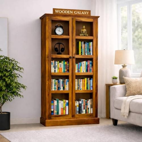 WOODEN GALAXY LIFE WITH FURNITURES Solid Sheeham Wood Book Shelf Wooden for Home, Crockery Display Cabinet with 2 Glass Doors, Multipurpose Book Organizer for Study Room Showcase Living Room, Bedroom