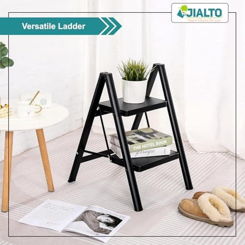 JIALTO 2 Step Metal Ladder for Home, Foldable Lightweight Stepping Stool with Wide Pedals, Anti Slip Heavy Duty 150 Kg Capacity, Portable for Kitchen, Office & Library (Black) 3