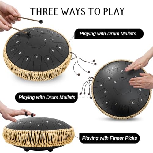 HASTHIP® Steel Tongue Drum 15 Note, 13-inch Percussion Instrument Handpan Drum with Bag, Music Book and Mallets for Kids and Adults Meditation Musical Education Concert Mind Healing Yoga-Black 3