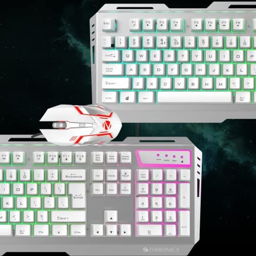 ZEBRONICS Transformer USB Gaming Keyboard & Mouse Combo,Braided Cable,Durable Al Body,Multimedia Keys & Gaming Mouse with 6 Buttons,Multi-Color LED Lights,High-Resolution Sensor with 3200 DPI(White) 3