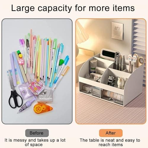 Styleys Desk Organiser with 6 Compartments & 2 Drawers | Desktop Stationery Storage Box for Pens, Staplers, Clips, Sticky Notes, Mobile Holder | Office & Study Table Organizer - W3505,White 4