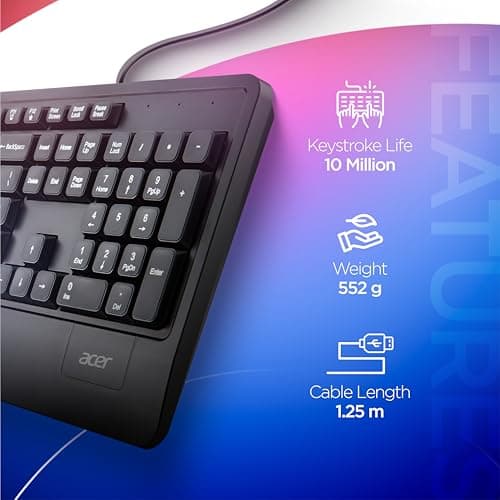Acer PalmEase Wired Keyboard & Mouse Combo with Palm Rest |Plug & Play USB 2.0, 1600 DPI, Co-Pilot Key, Rupee ₹ Symbol | 10m Range, 10M Keystroke Life | Windows & Mac Compatible – Black 6